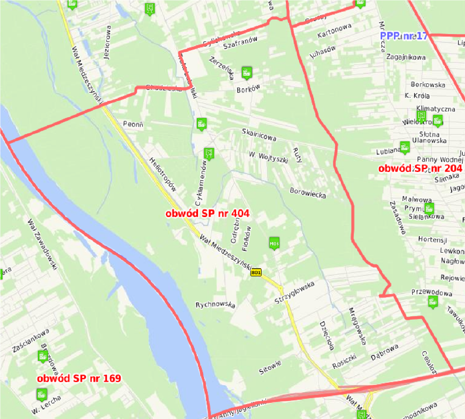 mapka z zaznaczonym obwodem szkoły sp 404